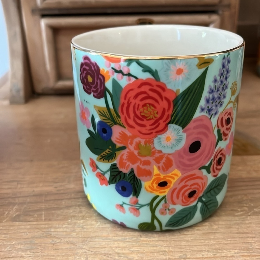 Anthropologie x Rifle Paper Co Mug Garden Party Monogram “W” Gold Handle Floral - Picture 3 of 6